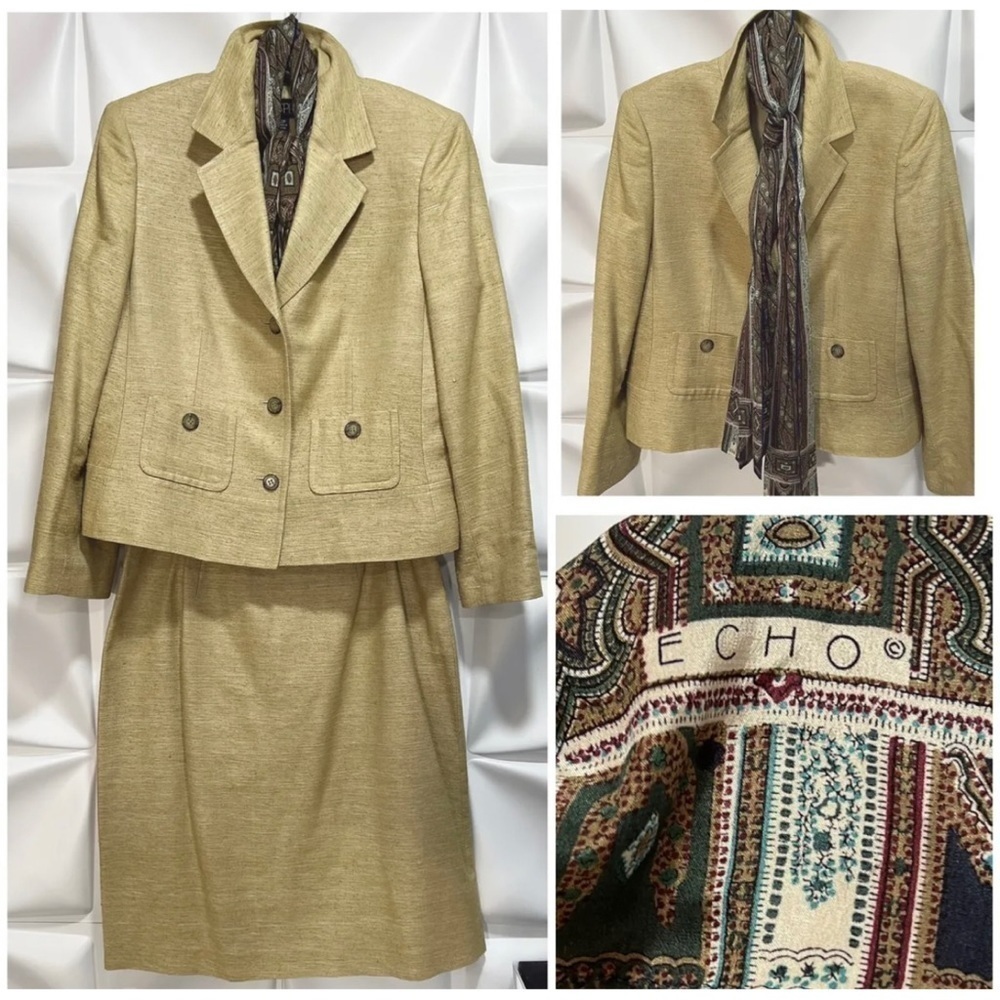 Kasper Womens Sz 12P 12 P Beige 100% SILK Tweed Jacket Skirt Suit Set Echo Scarf